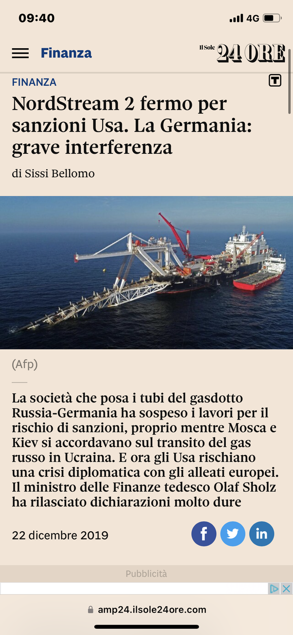 Nordstream 2 fermo per sanzioni USA (22 Dic 2019)