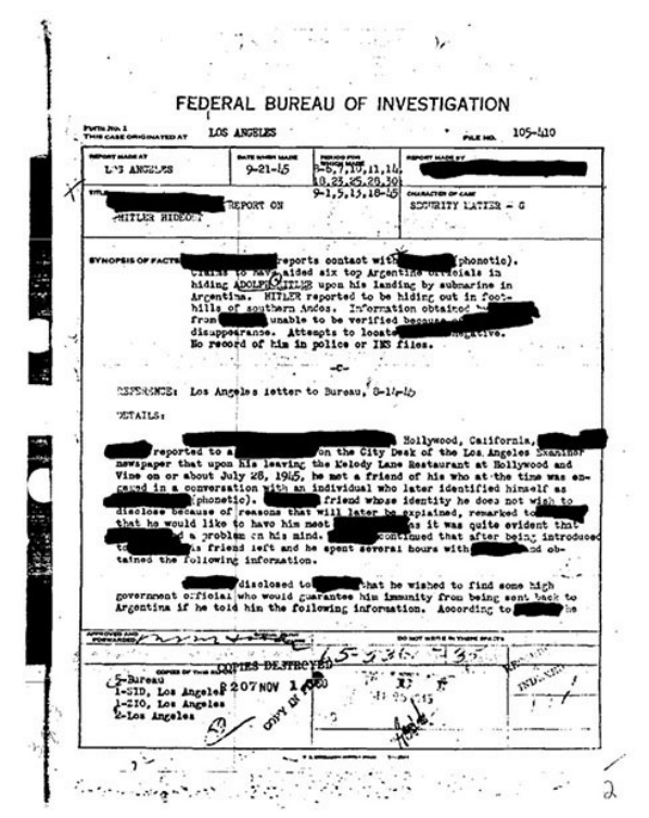 Documenti desecretati sulla presunta fuga di Adolf Hitler in America latina.