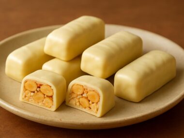 Torroncino morbido rivestito di cioccolato bianco.