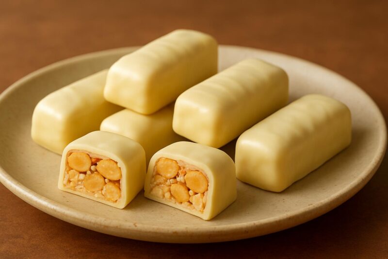 Torroncino morbido rivestito di cioccolato bianco.