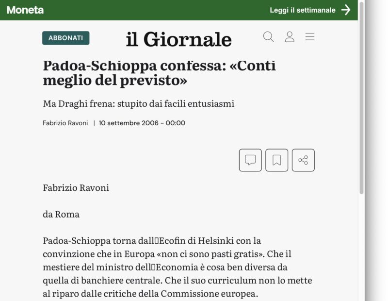 Padoa-Schioppa confessa: «Conti meglio del previsto»