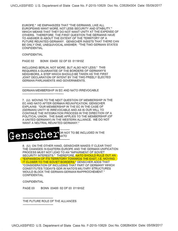 cablogramma confidenziale dell’ambasciata Usa a Bonn «La Nato dovrebbe escludere una sua espansione a Est»