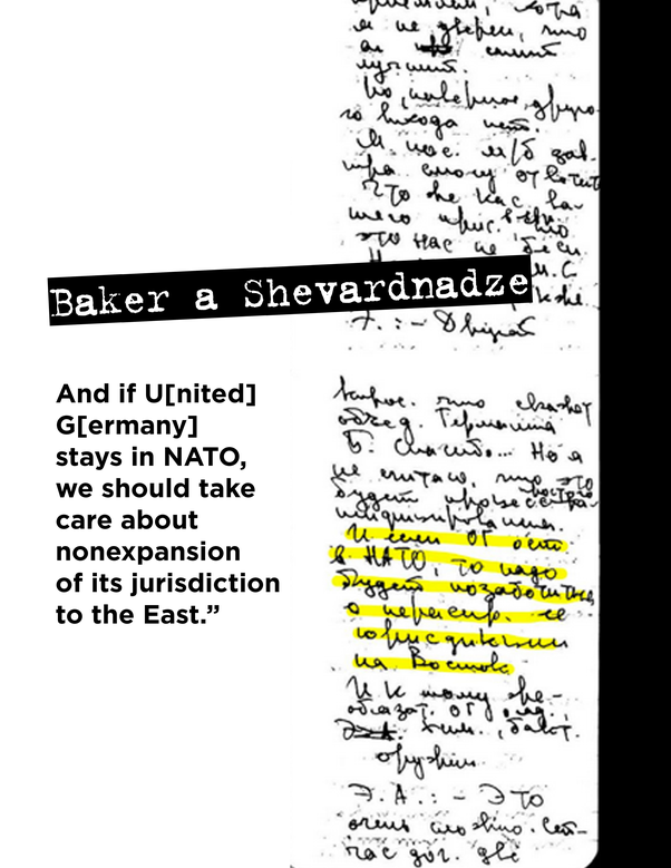 Gli appunti di Stepanov-Mamaladze sull’incontro Baker/Shevarnadze «Se una Germania Unita sta nella Nato, dovremo fare attenzione alla non-espasione della sua giurisdizione a Est». 