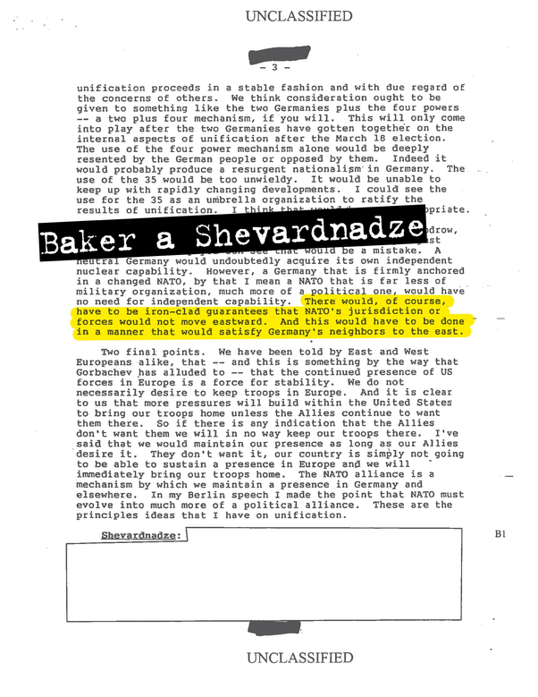 Memorandum di conversazione fra James Baker ed Eduard Shevardnadze «Ci sarebbero garanzie di ferro che la giurisdizione della Nato non si sposterebbe a Est»
