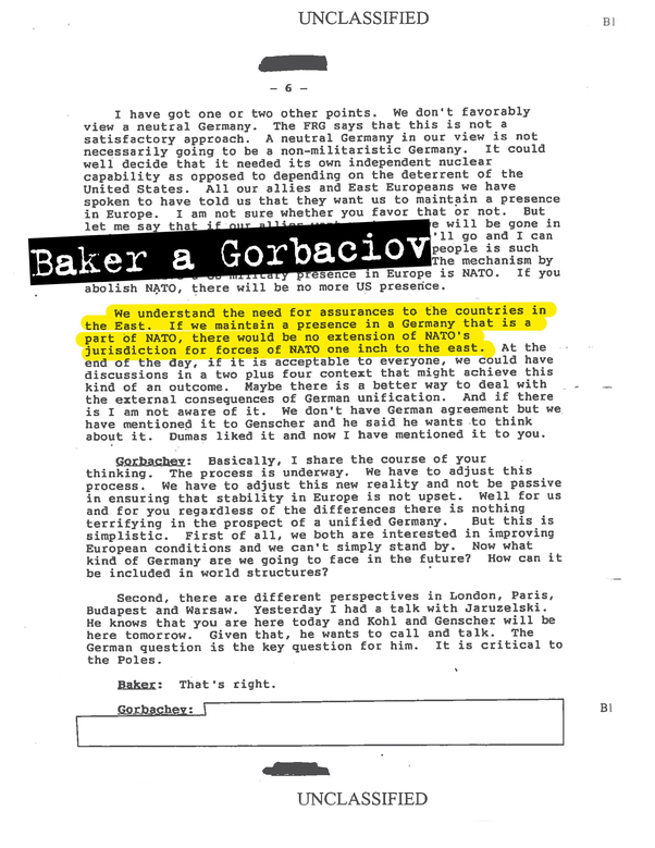 Memorandum di conversazione fra James Baker e Mikhail Gorbaciov «Non ci sarebbe nessuna estensione della giurisdizione della Nato»