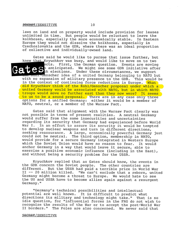 Memorandum di conversazione fra Robert Gates e Vladimir Kryuchkov «Le truppe Nato non si muoverebbero ulteriormente a Est»

