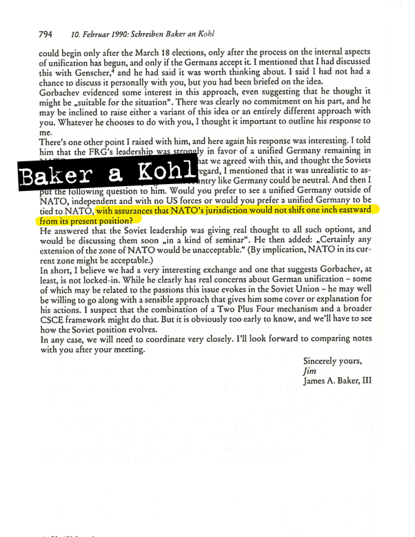 Lettera di James Baker a Helmut Kohl «Assicurazioni che la giurisdizione della Nato non si sposterebbe di un pollice verso Est»