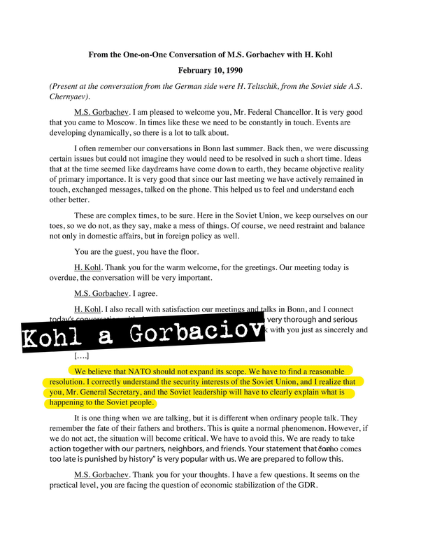 Memorandum di conversazione fra Mikhail Gorbaciov e Helmut Kohl «La Nato non dovrebbe espandere la sua portata»