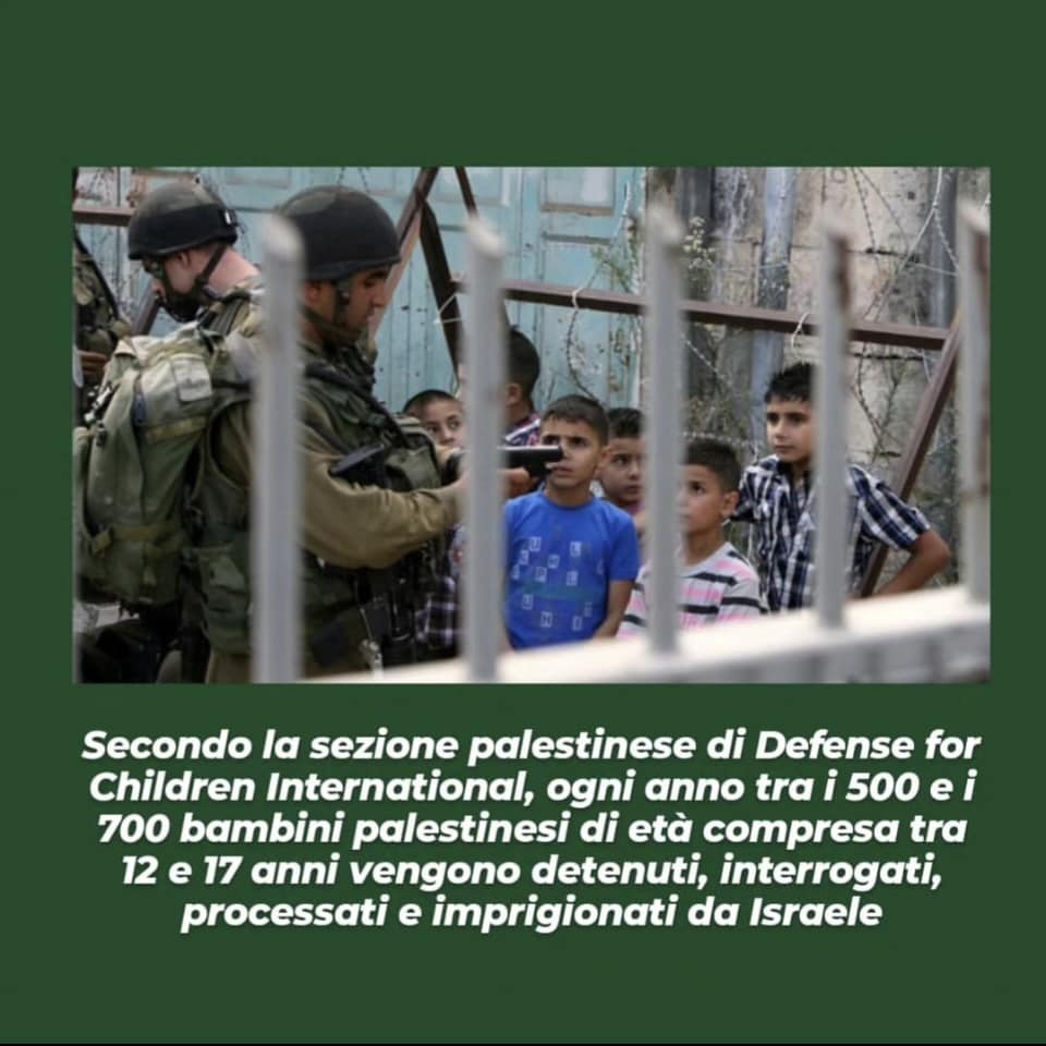 Secondo òa sezione palestinese di Defense for Children International, ogni anno tra i 500 e i 700 bambini palestinesi di età compresa tra 12 e 17 anni vengono detenuti, interrogati, processati e imprigionati da Israele.