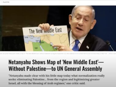 22 Sett 2023 - Netanyahu mostra la mappa del “Nuovo Medio Oriente” – senza la Palestina – all’Assemblea Generale delle Nazioni Unite