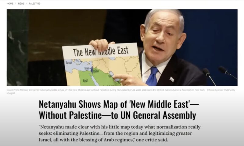 22 Sett 2023 - Netanyahu mostra la mappa del “Nuovo Medio Oriente” – senza la Palestina – all’Assemblea Generale delle Nazioni Unite