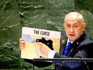 Netanyahu all'ONU con la sua Grande Israele.