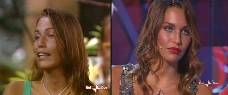 Debora Salvalaggio a sinistra sull'isola, a destra in studio con il "mascherone".