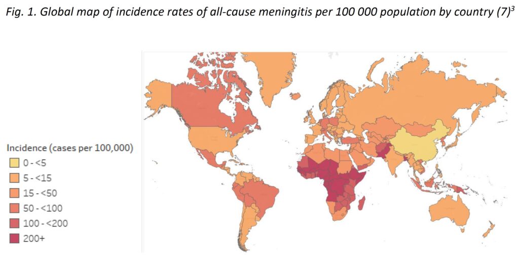 Diffusione nel mondo della meningite al 2020.