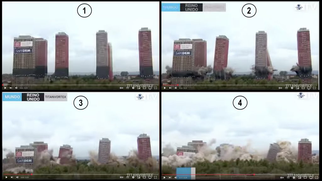 Esempio di demolizione controllata (Novembre 2018). Non è un'arte perfetta, un po' si inclinano. 
Le sei torri della "Red Tower" di Glasgow, le più alte d'Europa. La decisione del governo di abbatterle colse di sorpresa gli abitanti che le consideravano iconiche della città. 