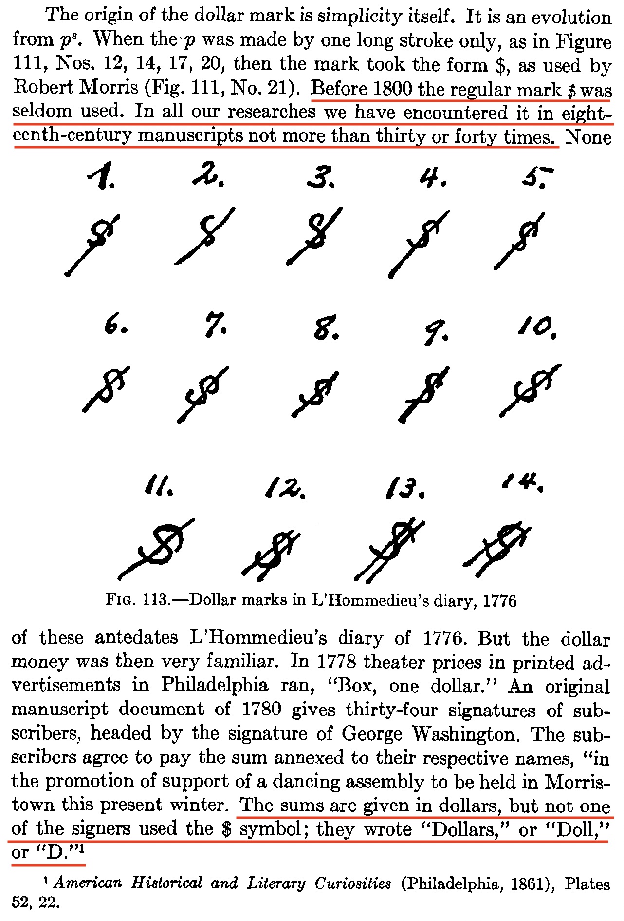 Raccolta dell'evoluzione del simbolo del dollaro manoscritto nel libro "A HISTORY OF MATHEMATICAL NOTATIONS" Vol. II, di Florian Cajori pubblicato nel 1929.