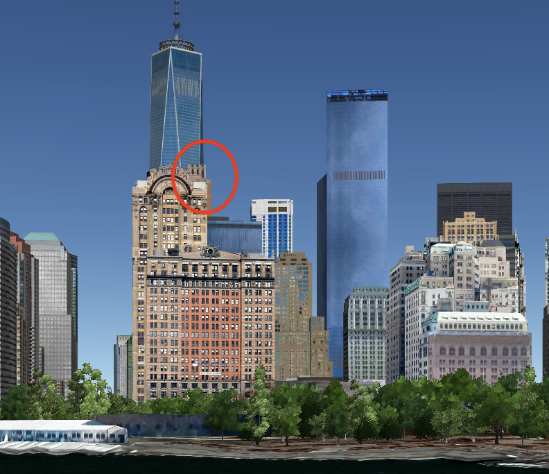 Immagine da Google Earth. Siccome con gli edifici in 3D non è possibile ottenere immagini storiche, vediamo "ONE World Trade Center" che sostituisce le due torri.