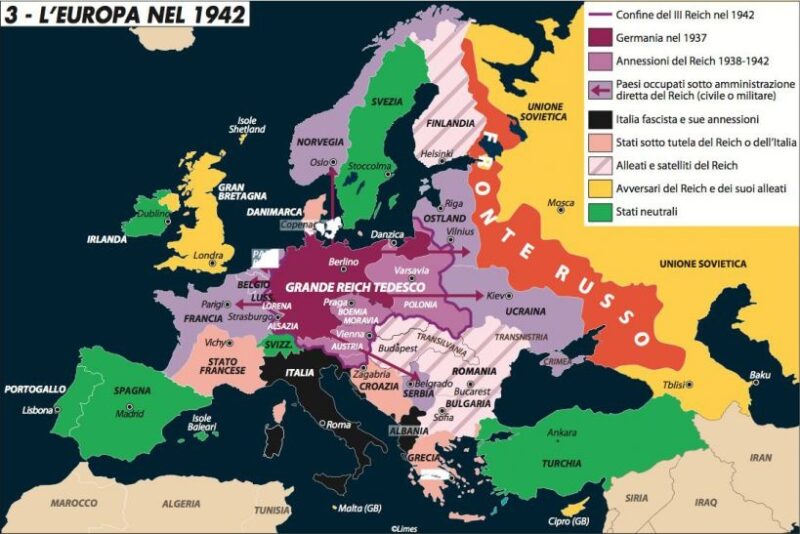 Mappa geopolitica dell'espansione del nazismo nel 1942.