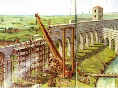 Illustrazione di un acquedotto romano in costruzione.