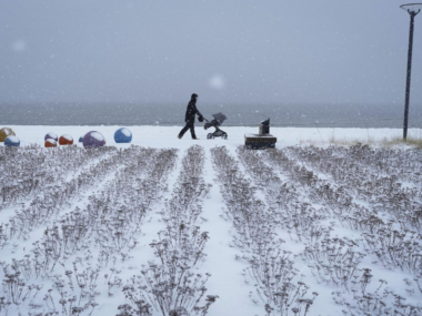 Tallinn, Estonia Un uomo spinge un passeggino sul lungomare, durante una nevicata (AP Photo/Sergei Grits)