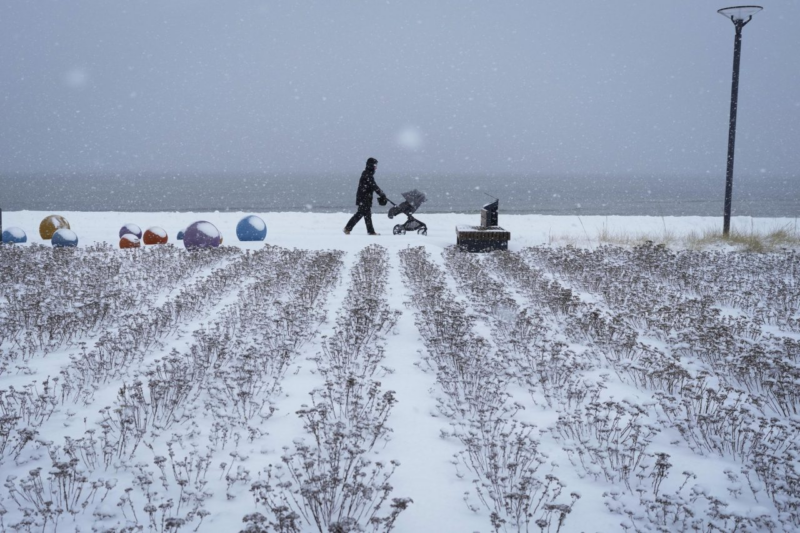 Tallinn, Estonia Un uomo spinge un passeggino sul lungomare, durante una nevicata (AP Photo/Sergei Grits)