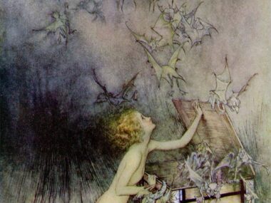 Pandora apre lo scrigno, in una raffigurazione di Arthur Rackham