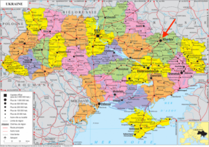 Ucraina (mappa politico-amministrativa) Notare come siano presenti nella cartina importanti vie di comunicazione tra Kharkiv e le altre regioni.