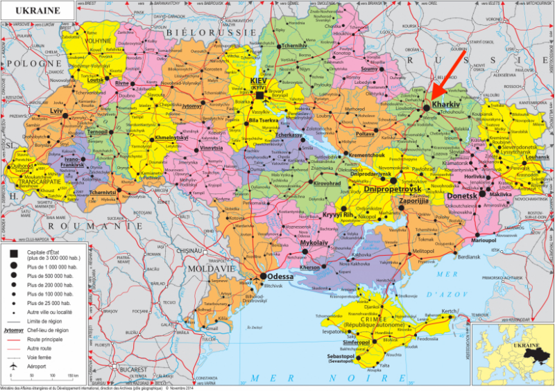 Ucraina (mappa politico-amministrativa) Notare come siano presenti nella cartina importanti vie di comunicazione tra Kharkiv e le altre regioni.